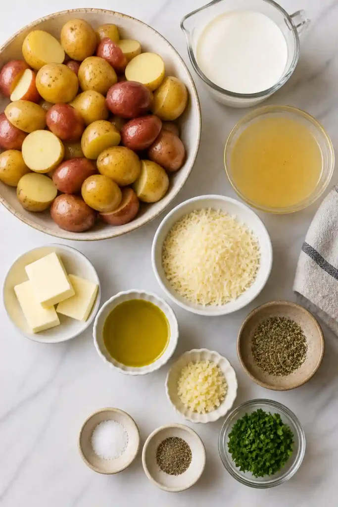 Garlic Parmesan baby potatoes covered in a buttery cream sauce and finished with fresh parsley. This easy potato side dish has tender centers and a rich, savory sauce.