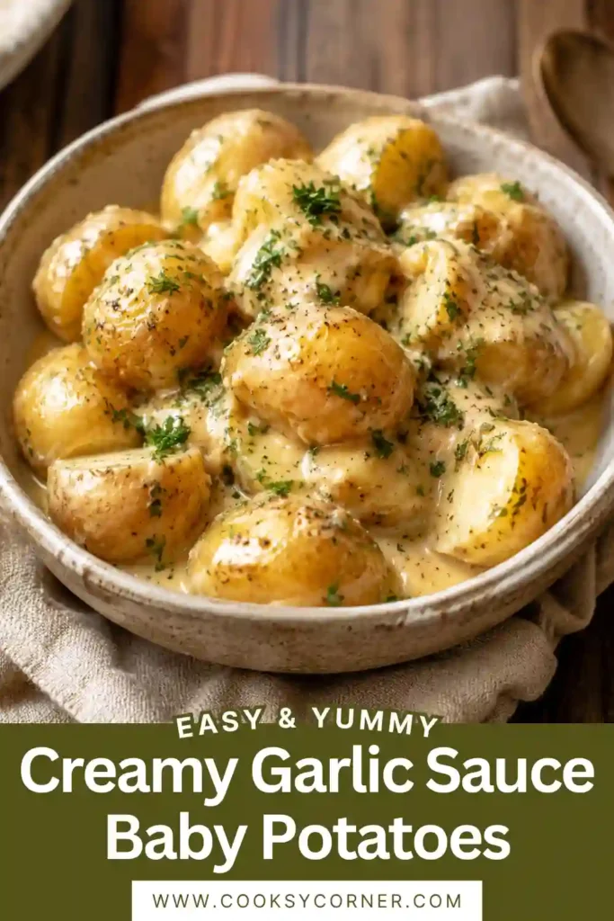 Tender baby potatoes covered with creamy garlic Parmesan sauce and fresh herbs. This comforting stovetop potato side dish has a rich, velvety finish.