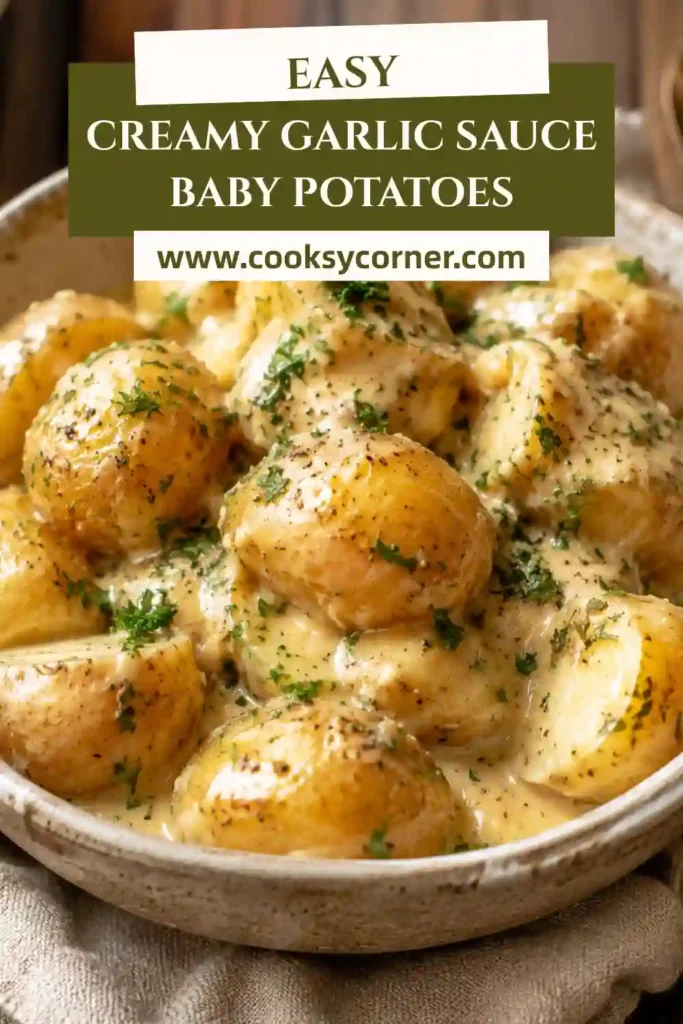 Creamy Garlic Sauce Baby Potatoes coated in a rich Parmesan cream sauce and sprinkled with fresh parsley. The tender golden potatoes are served warm as an easy potato side dish.