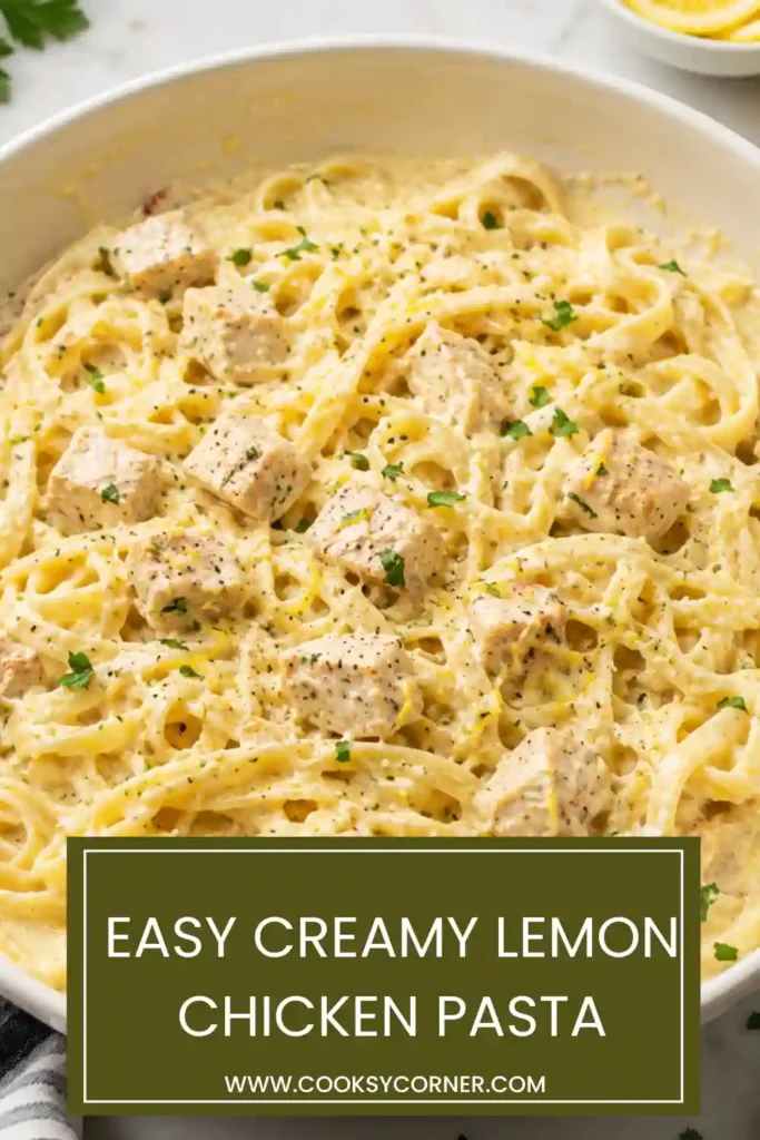 Creamy Lemon Chicken Pasta served in a white bowl with lemon wedges and grated Parmesan cheese.