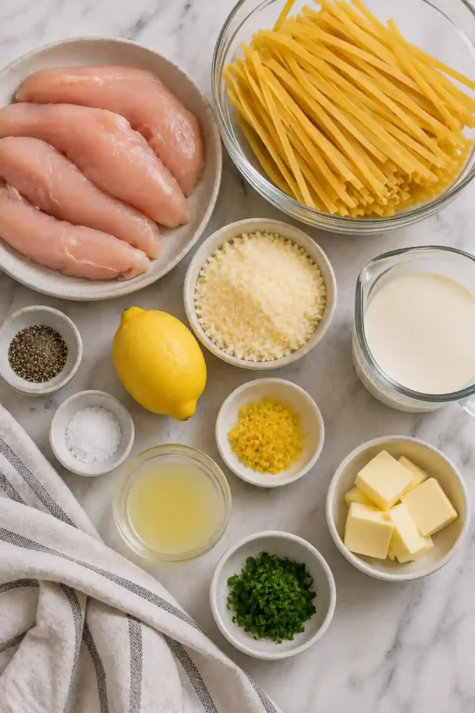 A serving of Creamy Lemon Chicken Pasta garnished with chopped parsley, Parmesan cheese, and fresh lemon slices.