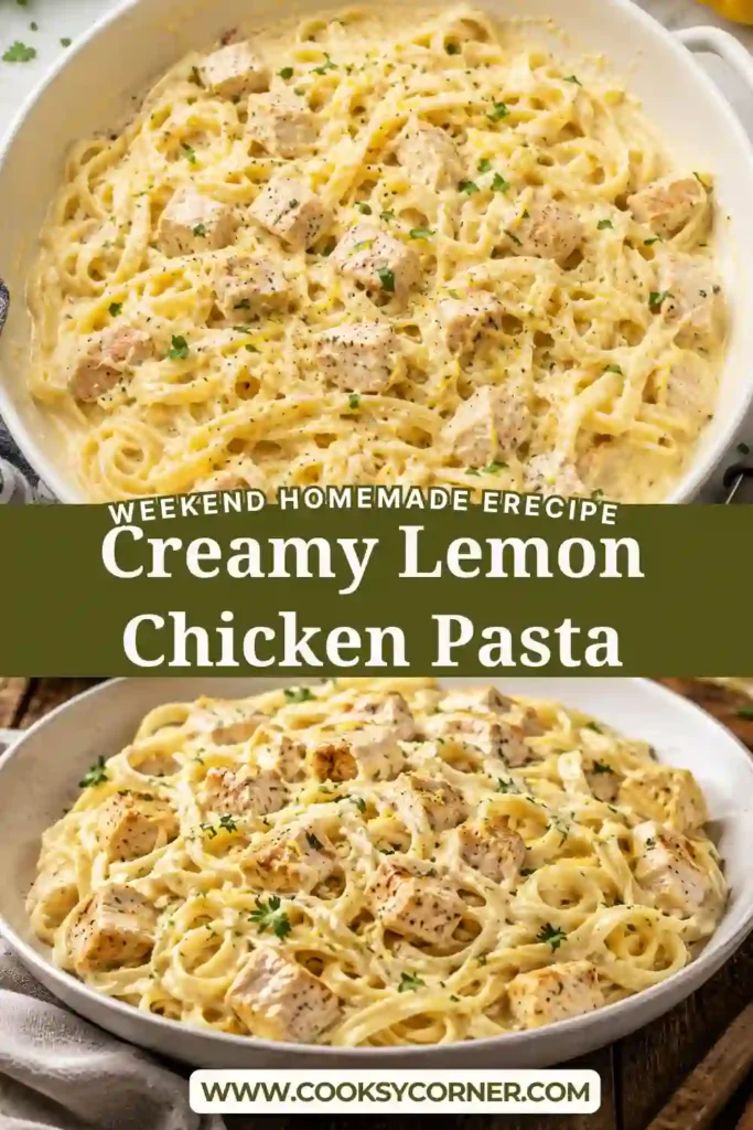 A bowl of Creamy Lemon Chicken Pasta made with linguini, tender chicken, Parmesan cheese, garlic, and fresh parsley in a creamy lemon sauce.