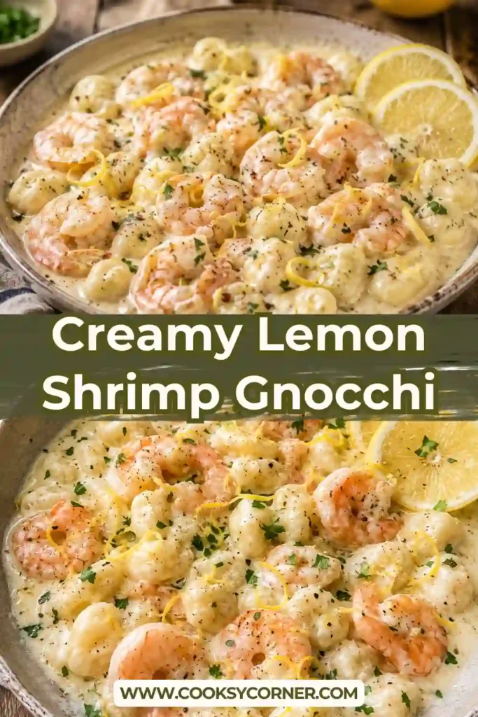 One-pan Creamy Lemon Shrimp Gnocchi with plump shrimp, pillowy gnocchi, garlic, and fresh lemon. The rich cream sauce coats every piece of gnocchi for a comforting dinner.