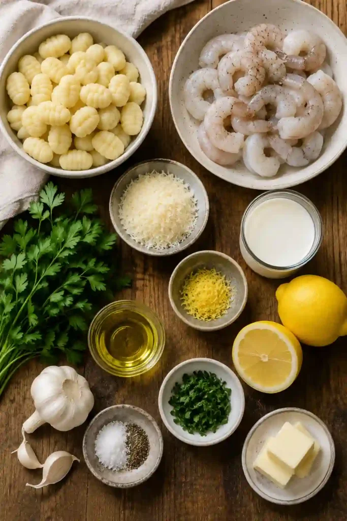 Lemon garlic shrimp gnocchi in a creamy sauce with fresh parsley and lemon zest. This easy one-pan dinner combines juicy shrimp with tender gnocchi and bright citrus flavor.