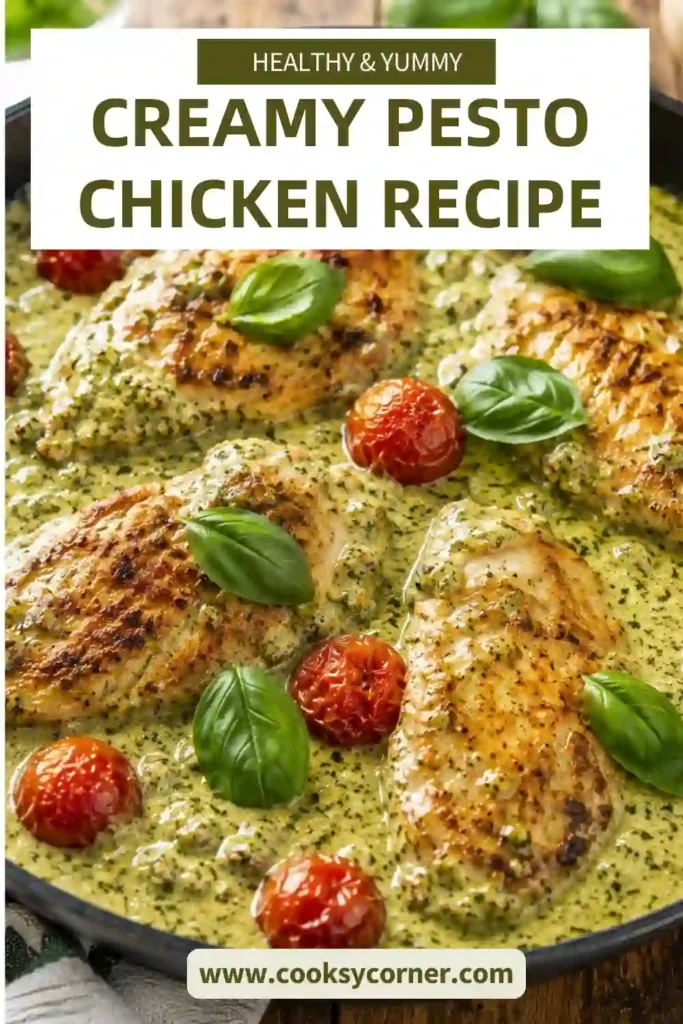 Skillet Creamy Pesto Chicken topped with fresh basil and Parmesan in a rich homemade cream sauce. A delicious family-friendly meal ready in 30 minutes.