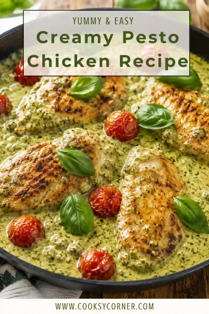 Juicy chicken breasts coated in creamy pesto sauce with cherry tomatoes and Parmesan cheese. A comforting Italian-inspired chicken recipe for busy weeknights.