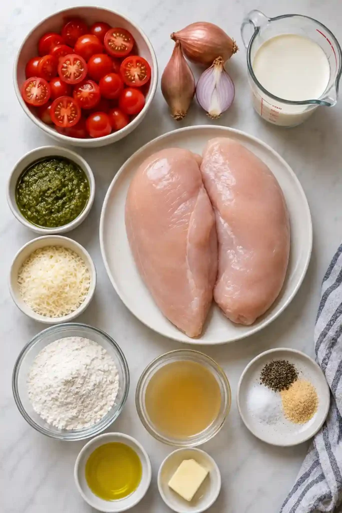 Golden pan-seared chicken served in a creamy pesto Parmesan sauce with roasted cherry tomatoes. An easy chicken dinner packed with fresh basil flavor.