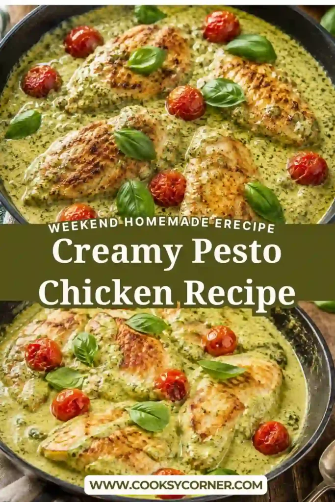 Creamy Pesto Chicken served in a skillet with cherry tomatoes and Parmesan basil cream sauce. This easy one-pan chicken recipe is rich, flavorful, and perfect for dinner.