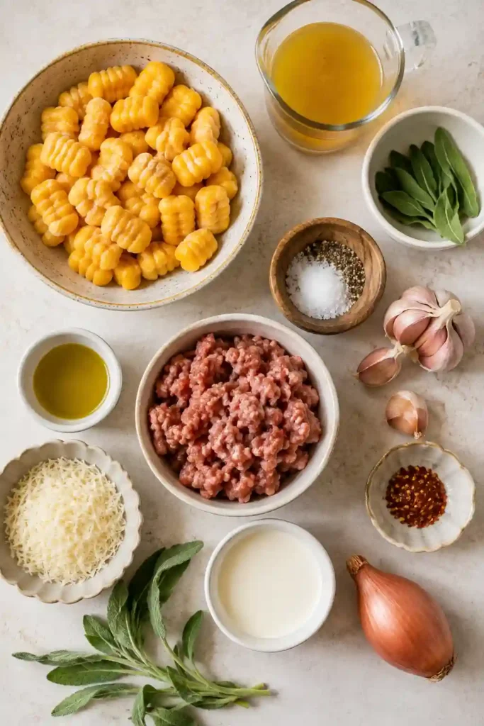 Homemade creamy pumpkin gnocchi served with beef Italian sausage and wilted spinach. Fresh herbs finish this cozy and easy fall dinner.