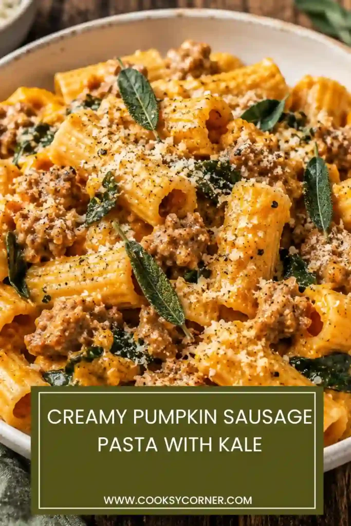 3. Homemade Creamy Pumpkin Sausage Pasta with rigatoni, savory beef sausage, kale, and Parmesan. A comforting fall pasta recipe finished with black pepper.