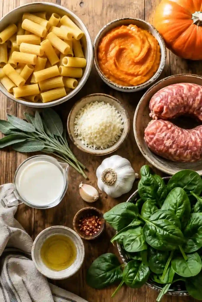 4. Creamy pumpkin pasta with sausage and kale in a silky pumpkin cream sauce. Fresh Parmesan and sage complete this easy savory pasta dinner.