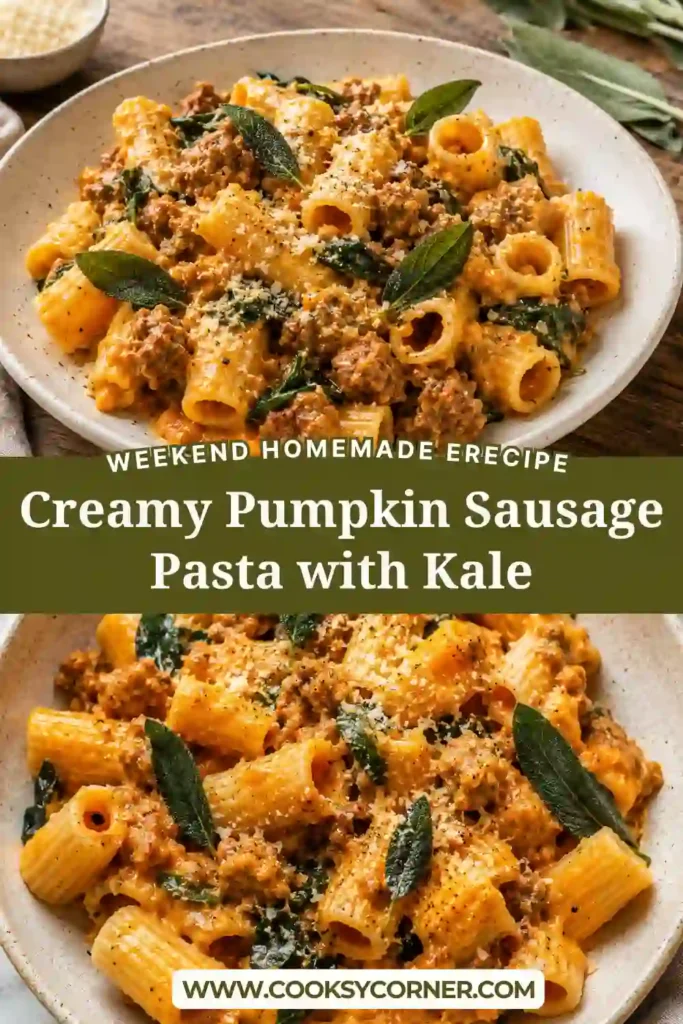 2. A bowl of creamy pumpkin pasta with crumbled beef sausage, fresh kale, sage, and Parmesan. The rich pumpkin sauce coats tender rigatoni pasta.