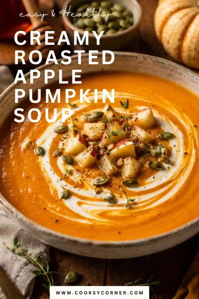 Creamy Roasted Apple Pumpkin Soup served in a bowl with toasted pumpkin seeds and a swirl of cream. The silky orange pumpkin soup is made with roasted apples, garlic, and warm autumn spices.