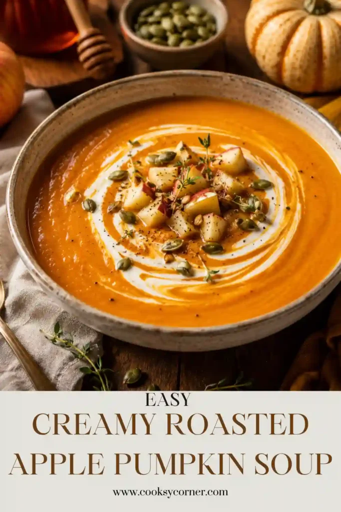 Roasted apple pumpkin soup made with fresh pumpkin, apples, onion, garlic, vegetable broth, and warming spices. The creamy fall soup is finished with toasted pumpkin seeds.