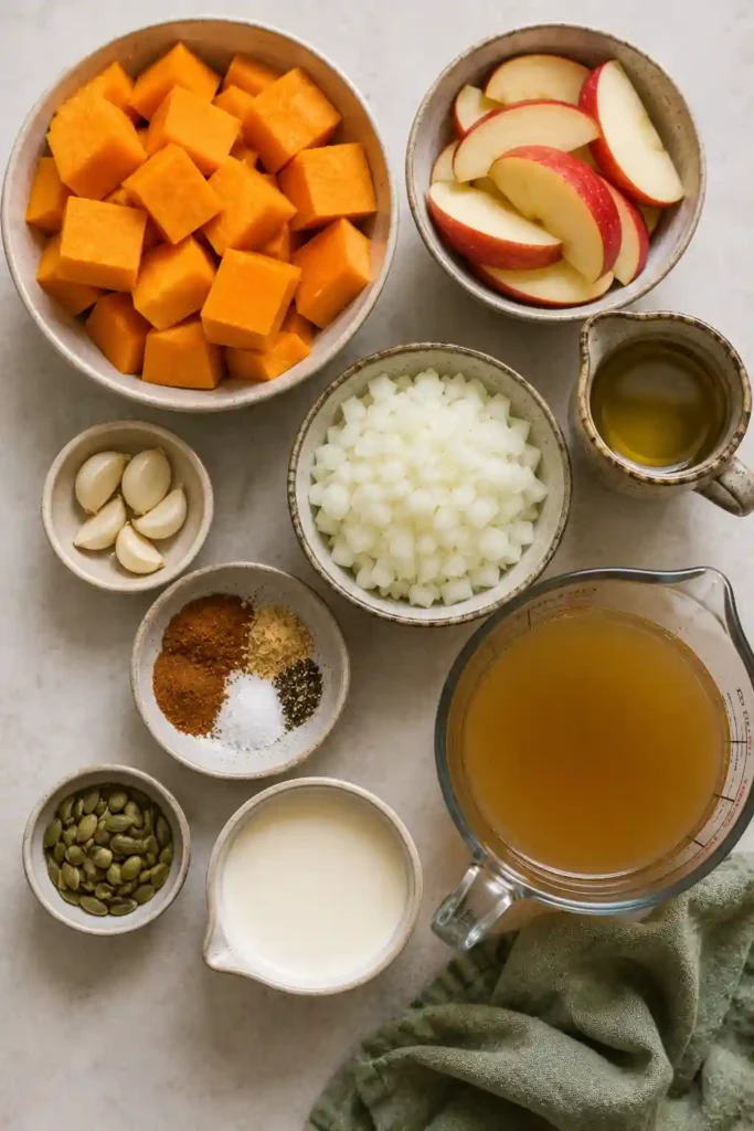 Homemade pumpkin apple soup with a smooth creamy texture, toasted pumpkin seed garnish, and fresh cream. Roasted pumpkin and apples give the autumn soup a rich golden-orange color.