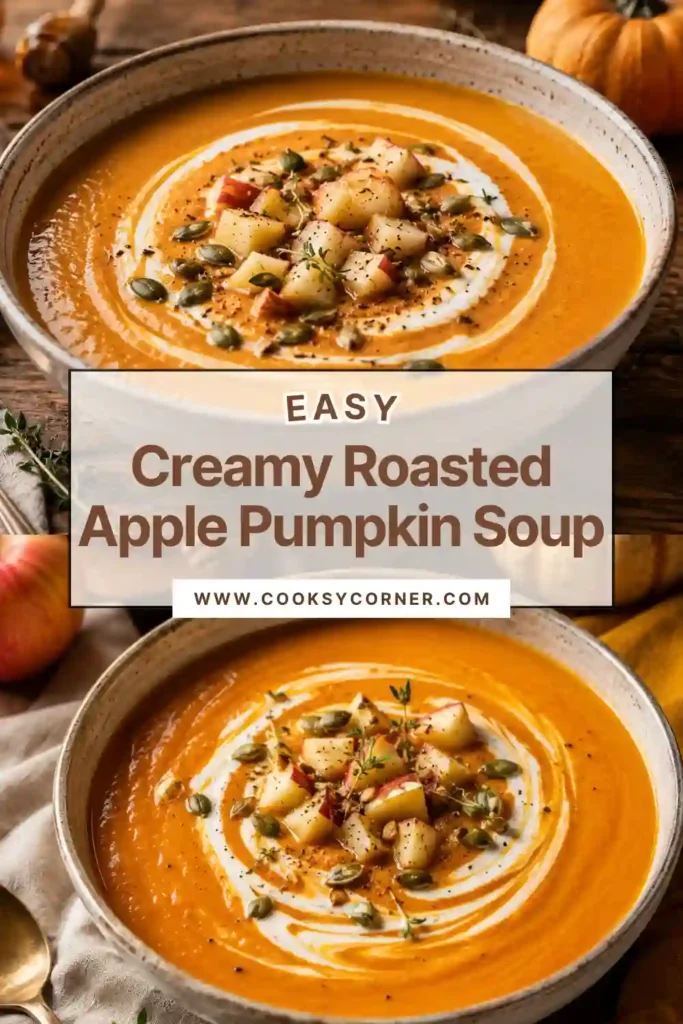 Easy Creamy Roasted Apple Pumpkin Soup garnished with cream and crunchy pumpkin seeds. This cozy fall soup has a smooth texture and warm orange color.