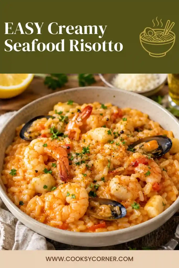 A bowl of creamy shrimp and scallop risotto made with Arborio rice, tomato paste, garlic, and seafood stock. The Risotto Marinara is finished with parsley for a fresh, colorful garnish.
