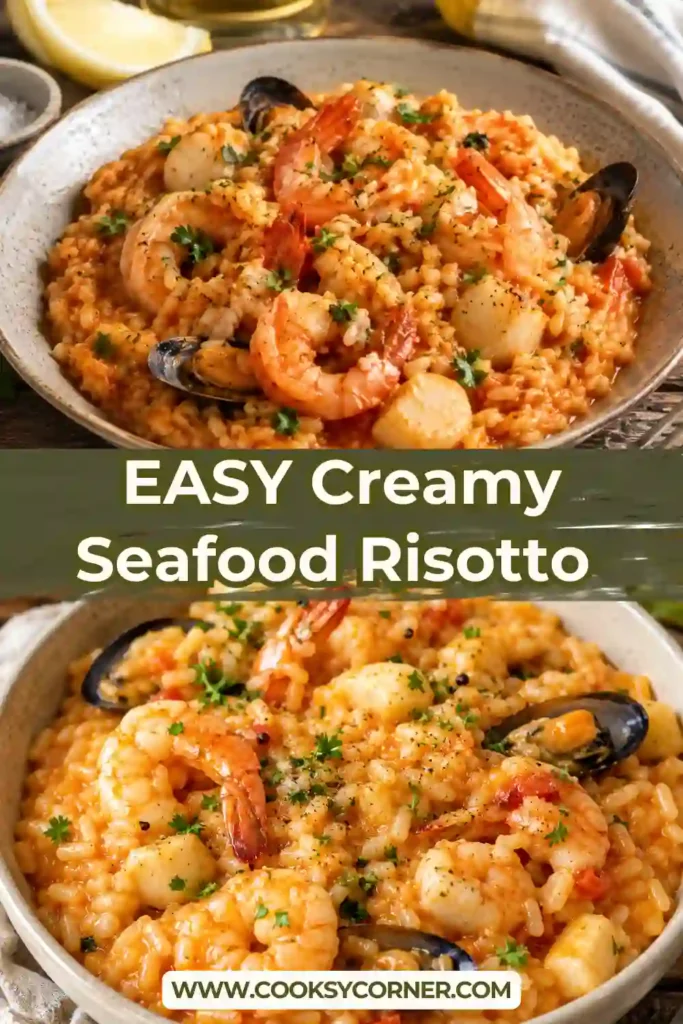 Homemade seafood risotto with shrimp, scallops, creamy Arborio rice, tomato, and fresh parsley. This Risotto Marinara has a rich texture and savory Italian-inspired flavor.