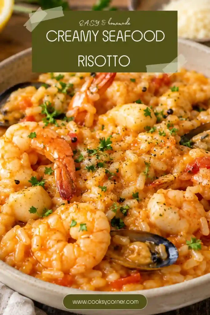 Creamy Risotto Marinara served with tender shrimp and sea scallops in tomato-infused Arborio rice. Fresh parsley and lemon add color and brightness to this Italian seafood risotto.
