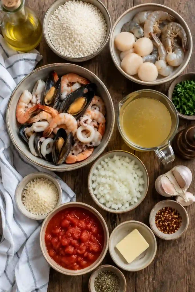 Italian-inspired Risotto Marinara with juicy shrimp and scallops nestled in creamy tomato Arborio rice. The seafood risotto is garnished with chopped parsley and served hot.