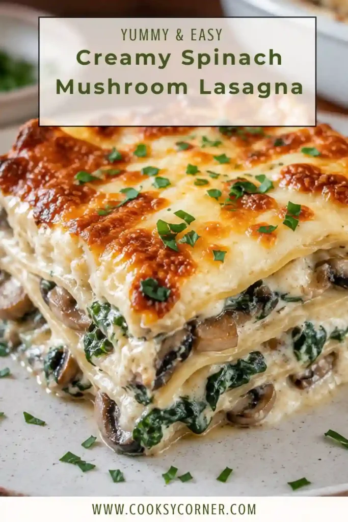 Homemade Creamy Spinach Mushroom Lasagna served warm with layers of vegetables, ricotta, and silky white sauce. Melted mozzarella and Parmesan create a lightly browned cheesy crust.