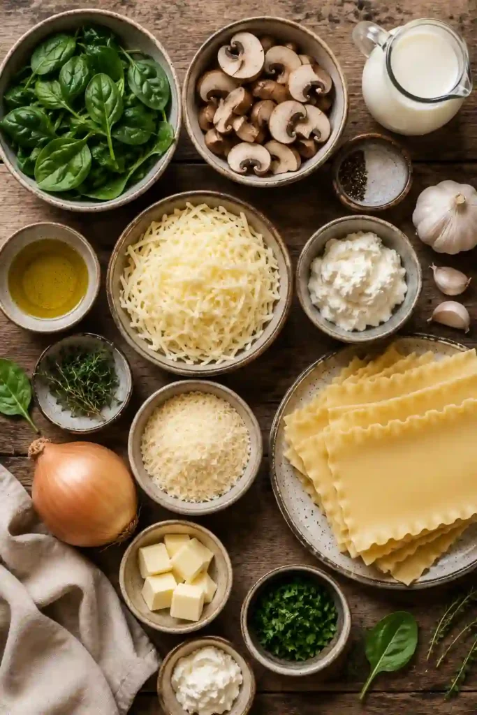 Easy vegetarian lasagna filled with sautéed mushrooms, fresh spinach, creamy ricotta, and béchamel sauce. The finished mushroom lasagna is topped with golden melted mozzarella and Parmesan.