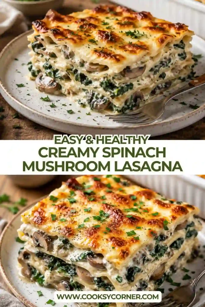 A sliced serving of spinach mushroom lasagna showing creamy béchamel, tender pasta, mushrooms, spinach, and melted cheese. This vegetarian lasagna is baked until golden on top.