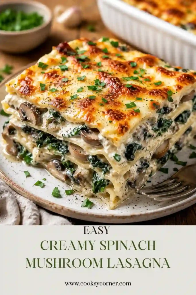 Creamy Spinach Mushroom Lasagna layered with spinach, sautéed mushrooms, ricotta, mozzarella, and homemade béchamel sauce. The baked lasagna has a golden, bubbling cheese topping.