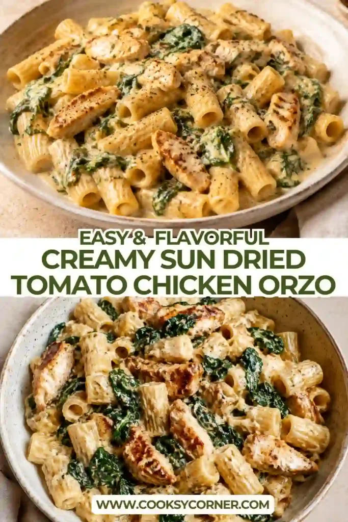 Creamy Sun-Dried Tomato Chicken Orzo in a skillet with tender chicken, fresh spinach, Parmesan, and Italian herbs. The creamy orzo creates a rich and comforting one-pan chicken dinner.