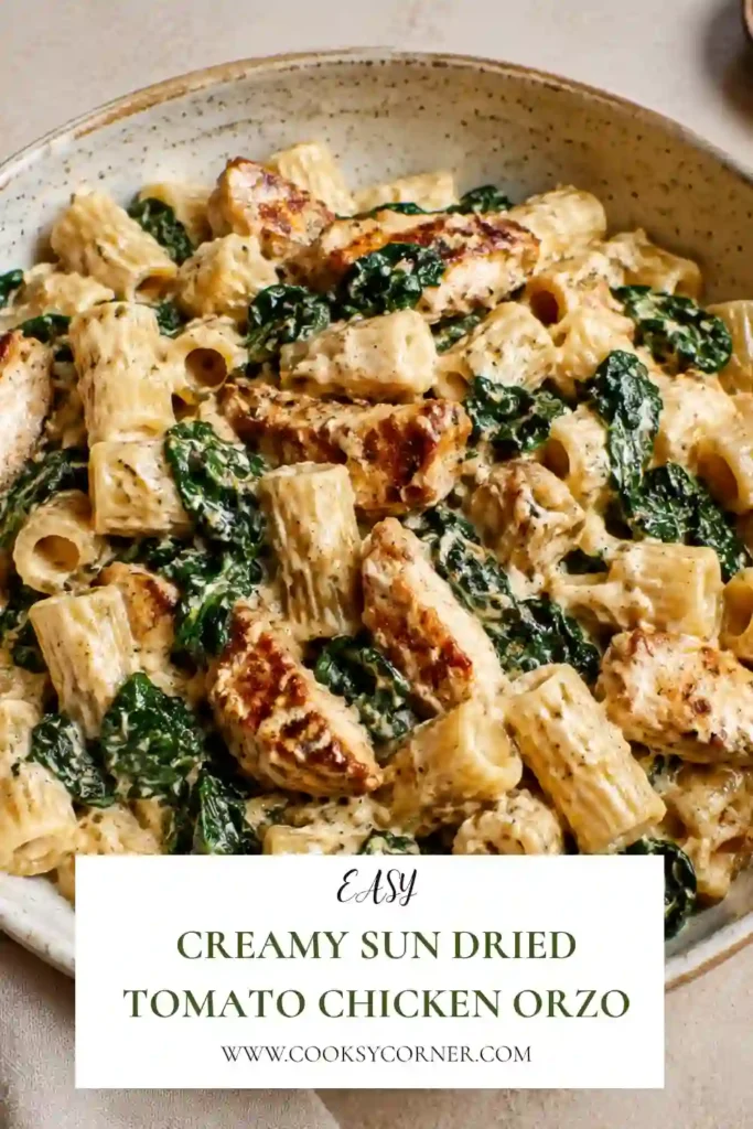One-pan creamy chicken orzo with seasoned chicken, sun-dried tomatoes, wilted spinach, and Parmesan cheese. The orzo is cooked until tender in a rich and creamy sauce.