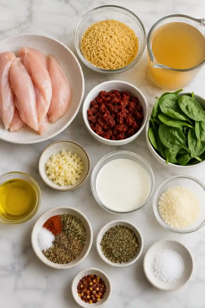 Sun-dried tomato chicken orzo with juicy sliced chicken, spinach, garlic, and creamy Parmesan orzo. Red sun-dried tomatoes add vibrant color to the comforting skillet dinner.