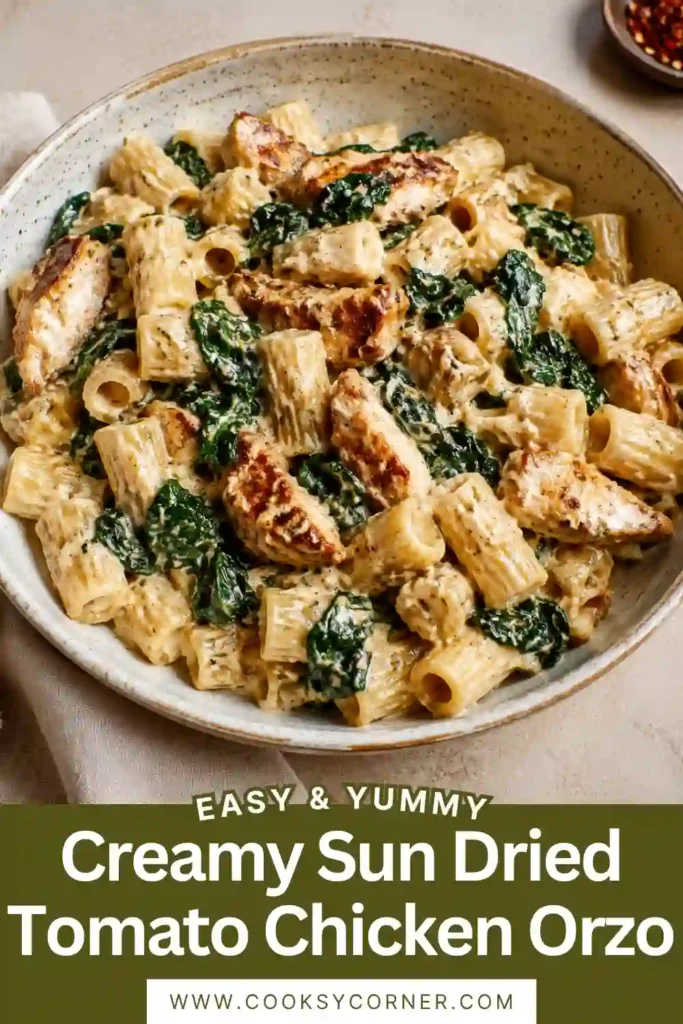 Creamy Sun-Dried Tomato Chicken Orzo served with golden chicken tenderloins, spinach, and chopped sun-dried tomatoes. Tender orzo is coated in a rich Parmesan cream sauce.
