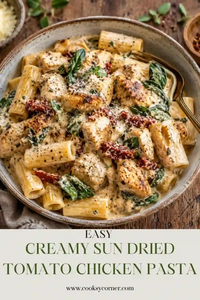A bowl of Creamy Sun-Dried Tomato Chicken Pasta made with juicy chicken, fresh spinach, Parmesan cheese, and tangy sun-dried tomatoes coated in a rich cream sauce. This comforting pasta is perfect for a quick family dinner.