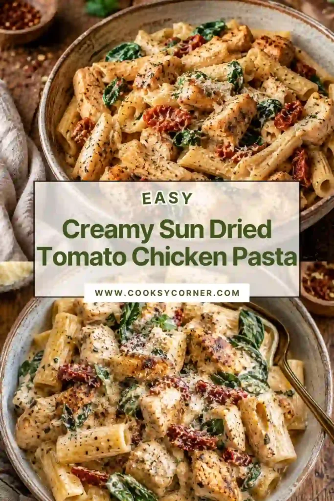 Close-up of creamy Parmesan chicken pasta topped with grated cheese and fresh lemon juice. The rich sauce coats every bite of tender pasta and juicy chicken.