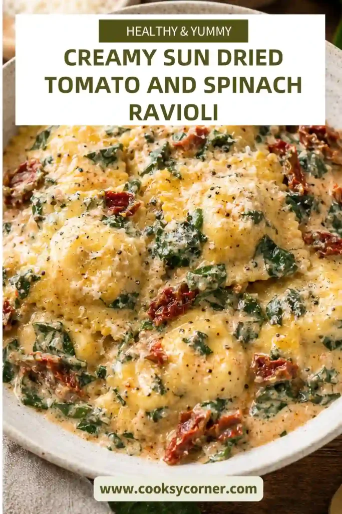 Cheese ravioli with sun-dried tomatoes and spinach in a creamy garlic Parmesan sauce. Fresh herbs and grated cheese add color and texture to this easy pasta dinner.