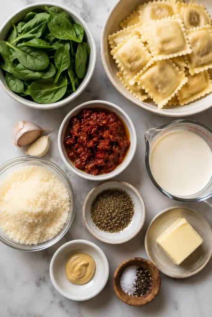 Creamy spinach ravioli served with tangy sun-dried tomatoes, wilted baby spinach, and a rich Parmesan sauce. The golden pasta is coated in a smooth, savory cream sauce.
