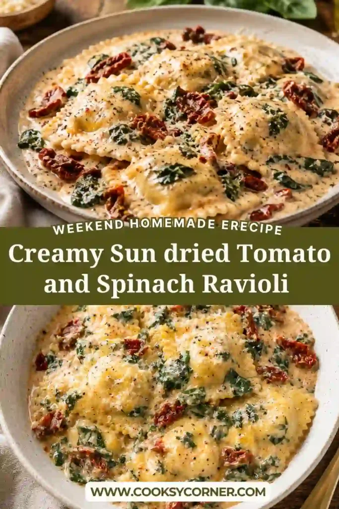 Creamy Sun-dried Tomato and Spinach Ravioli coated in a silky Parmesan cream sauce with fresh spinach and chopped sun-dried tomatoes. The tender cheese ravioli are finished with grated Parmesan and fresh basil.