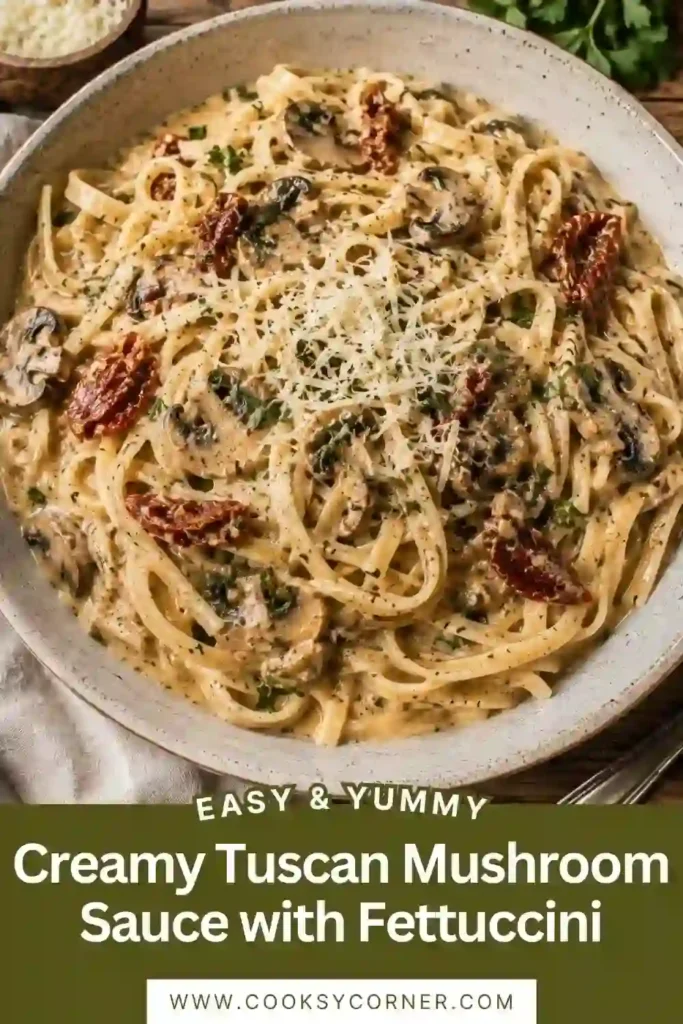 Creamy Tuscan pasta with fettuccini, mushrooms, fresh spinach, tomatoes, and grated Parmesan. The pasta is coated in a smooth, savory mushroom cream sauce.
