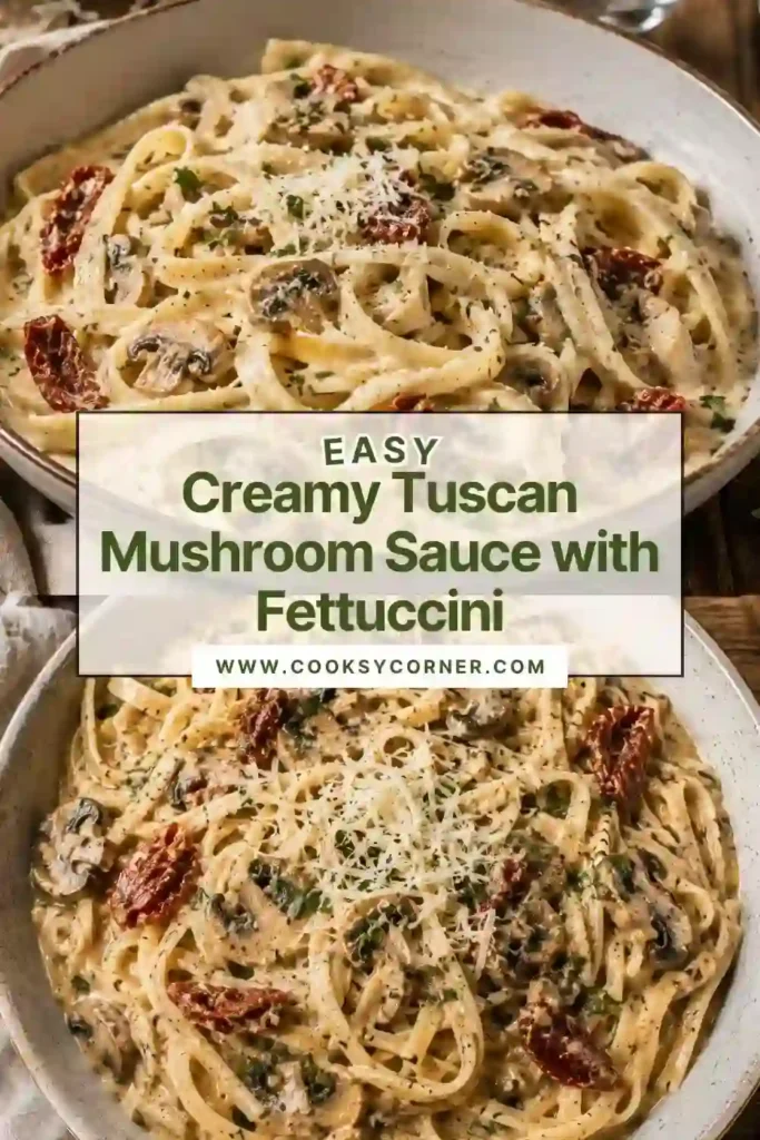 Tuscan mushroom pasta featuring tender fettuccini in a creamy Parmesan sauce with mushrooms and wilted spinach. Sun-dried and roasted cherry tomatoes add bright color.