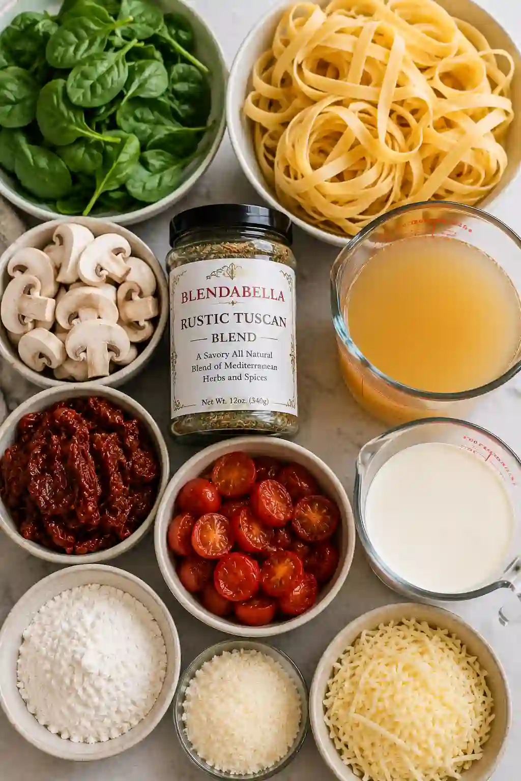 Creamy mushroom fettuccini topped with roasted cherry tomatoes, spinach, mushrooms, and Parmesan cheese. The velvety sauce gives this Italian-inspired pasta a rich and comforting appearance.