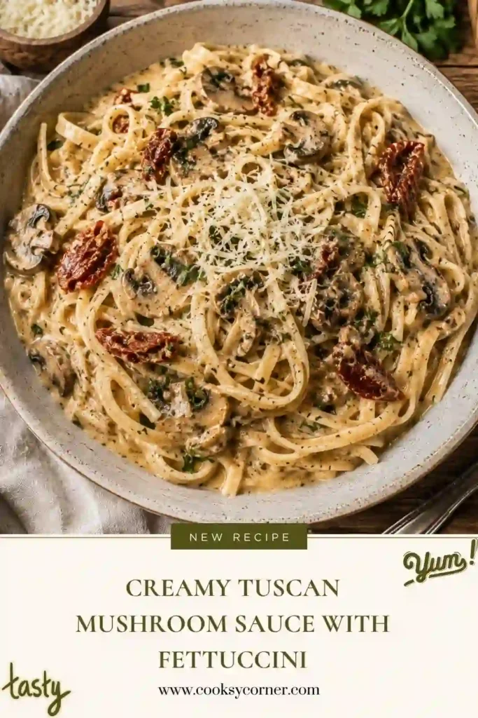 Creamy fettuccini with golden mushrooms, spinach, and herbs served in a white bowl