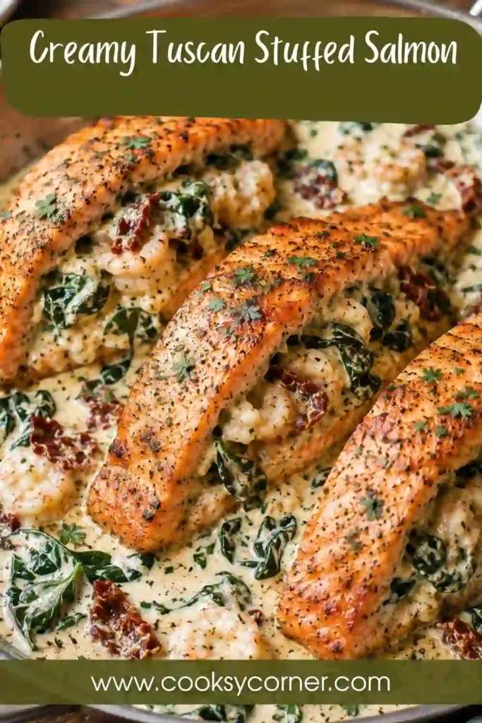 Shrimp stuffed salmon filled with creamy spinach and cheese and covered in garlic Parmesan sauce. Fresh parsley and lemon add color to this comforting seafood dinner.