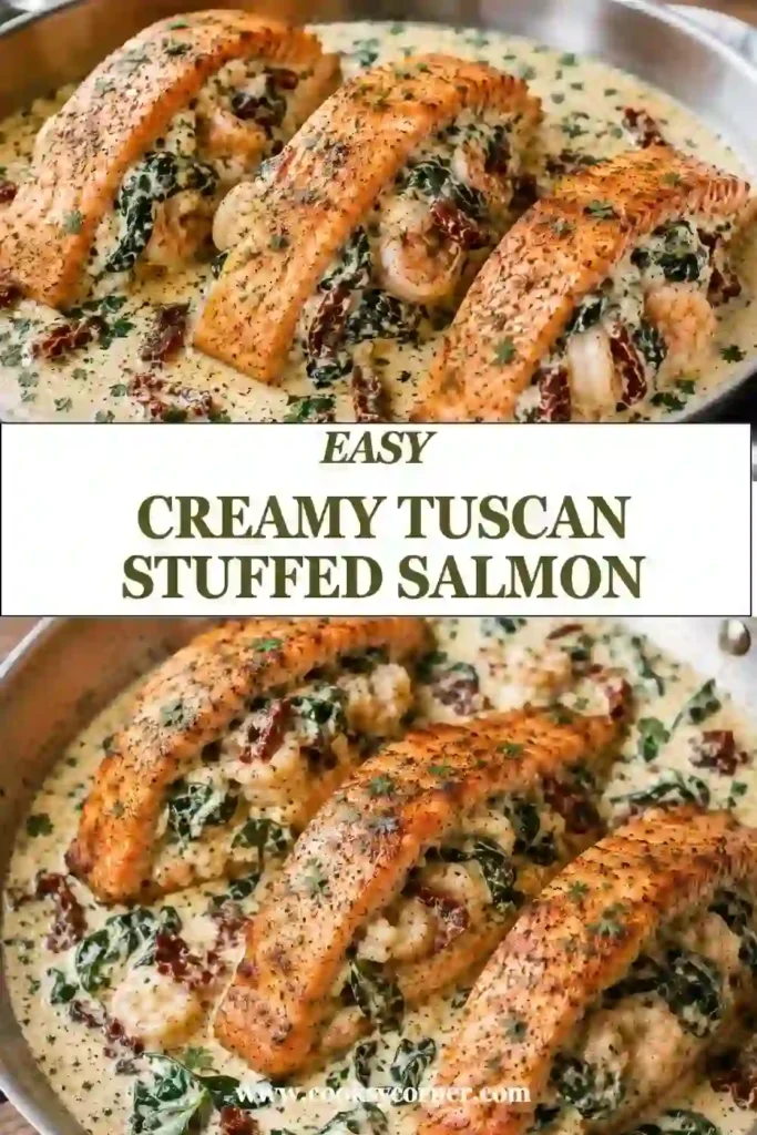 Baked stuffed salmon with spinach, mozzarella, Parmesan, and tender garlic shrimp. The creamy Tuscan salmon is served in a smooth, savory cream sauce.