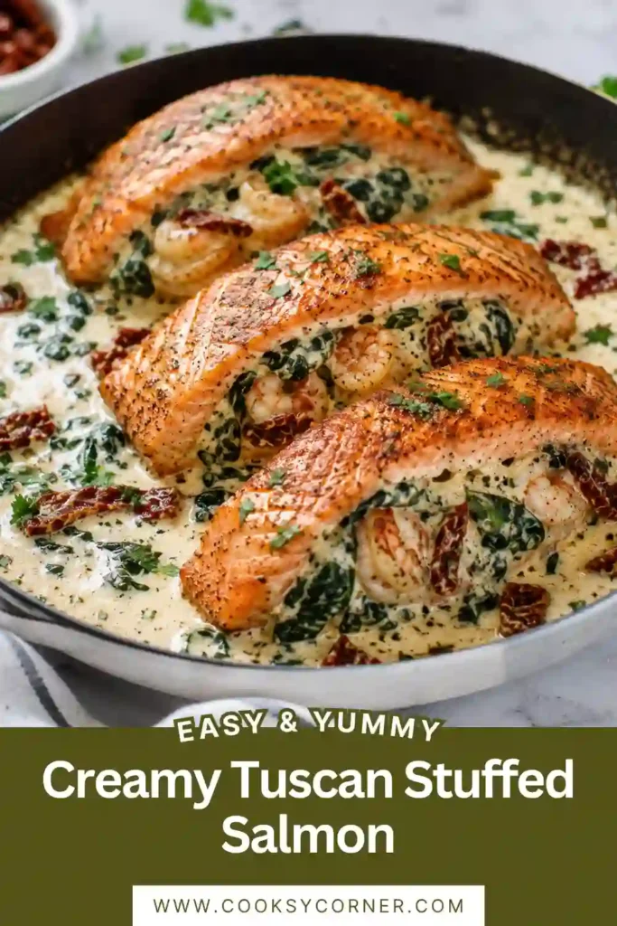 Creamy Tuscan Stuffed Salmon topped with garlic shrimp and a rich Parmesan cream sauce. The baked salmon is filled with spinach and melted cheese and garnished with fresh parsley.