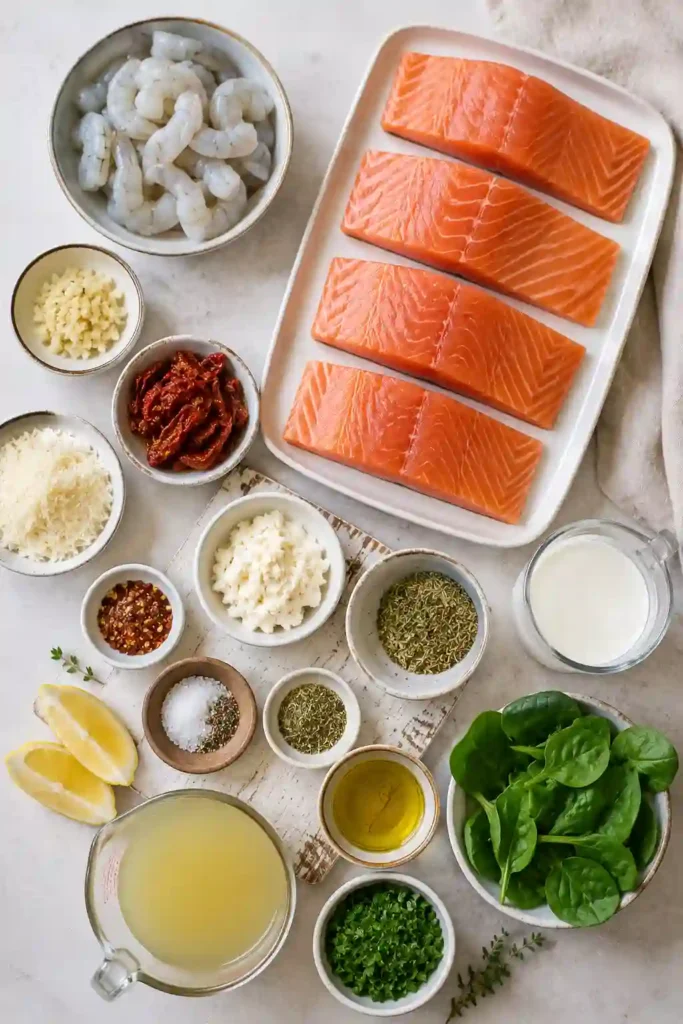 Creamy Tuscan Stuffed Salmon with flaky salmon fillets, sautéed shrimp, spinach, and melted cheese. A velvety Parmesan sauce surrounds the golden baked salmon.
