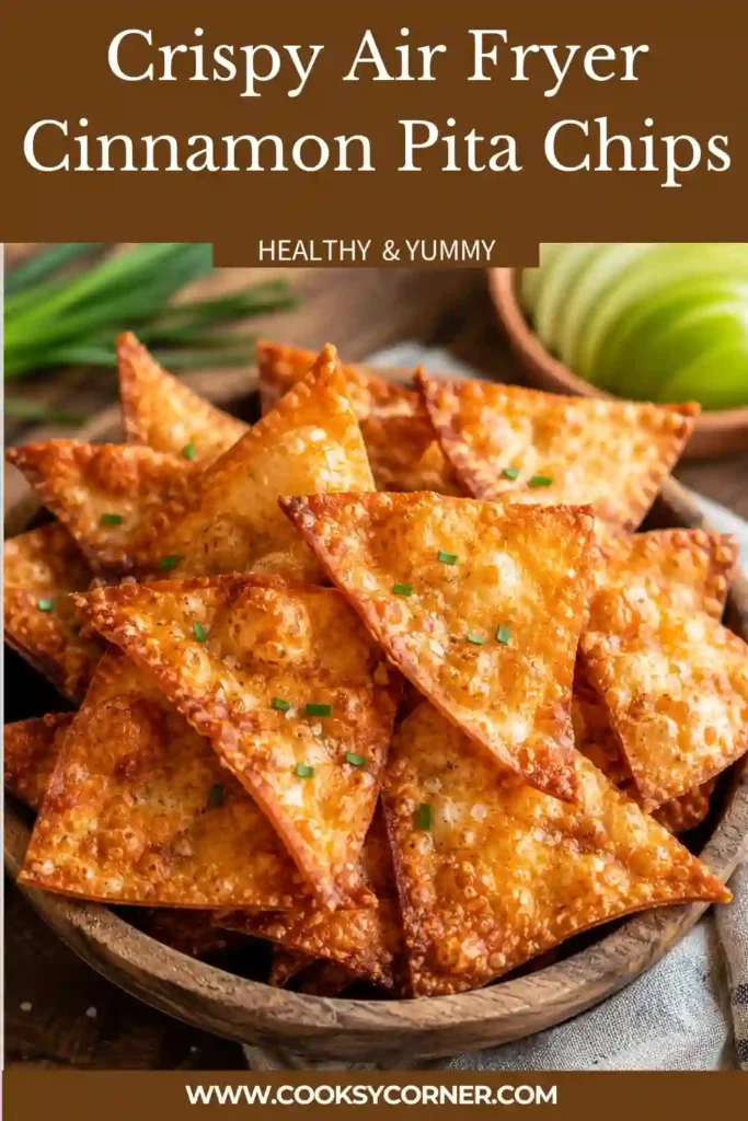 Air Fryer Cinnamon Pita Chips stacked in a serving basket with cinnamon sticks and a small bowl of caramel dip nearby.