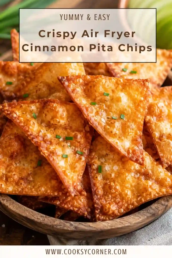 Close-up of homemade cinnamon sugar pita chips served with vanilla yogurt dip and fresh apple slices on a rustic serving board.