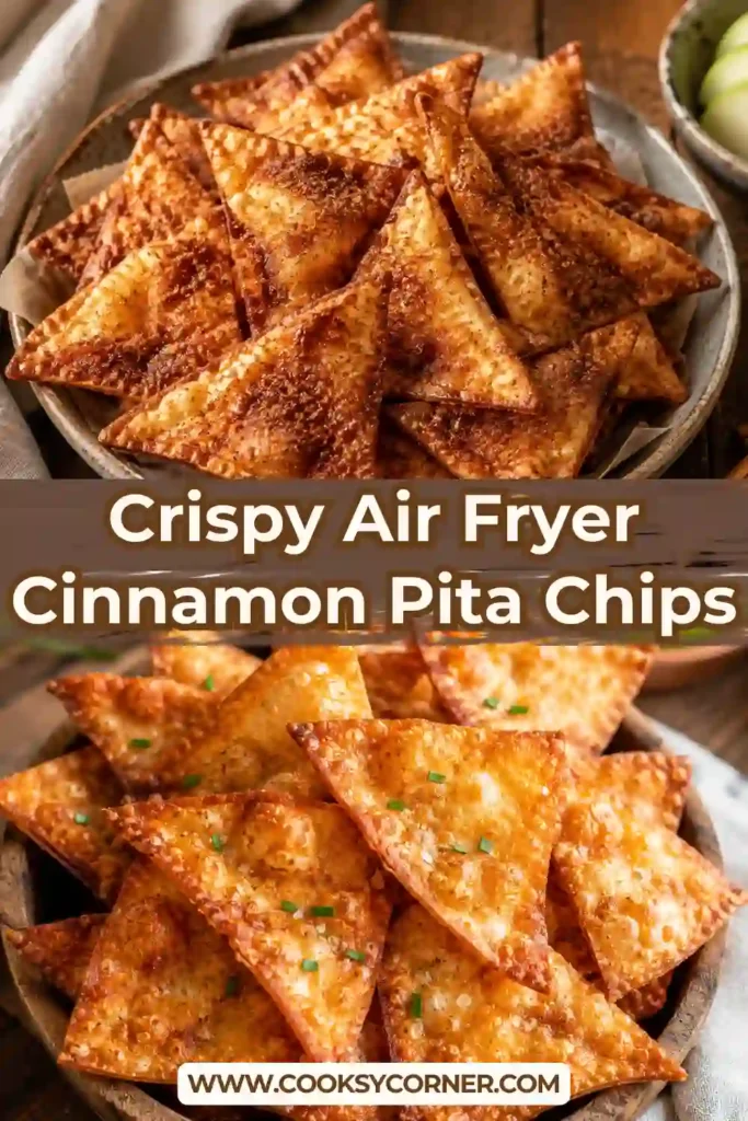 Golden crispy Air Fryer Cinnamon Pita Chips coated in cinnamon sugar and arranged in a serving bowl with cinnamon sticks on a wooden table.