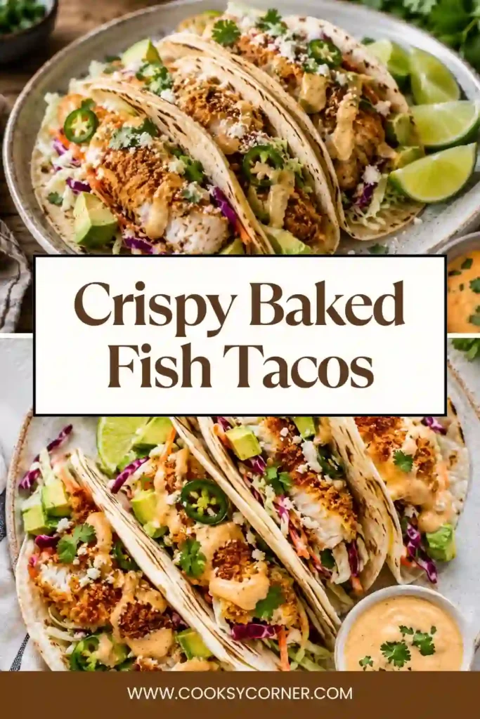 Easy baked fish tacos topped with cilantro lime slaw, avocado slices, fresh cilantro, and chipotle crema. Crispy panko-coated fish gives each taco a satisfying crunch.