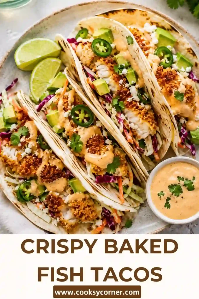 Homemade Crispy Baked Fish Tacos served in warm tortillas with crunchy cabbage slaw and creamy avocado. The oven baked fish has a golden panko crust and tender, flaky center.